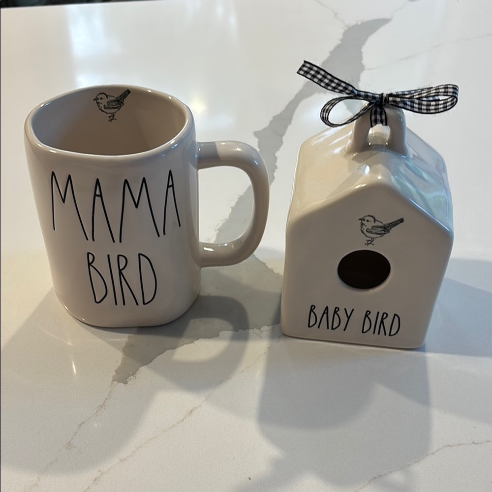 Rae Dunn MAMA BIRD & BABY BIRD Cream & Black 2 Pc. Set… Mug & Bird House PERFECT
